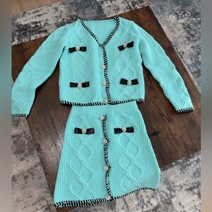 Stylish Turquoise Knit Cardigan and Skirt Set